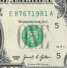 Year Note 1981 in the Serial Number Trailing Position $1 Dollar Bill E87671981A