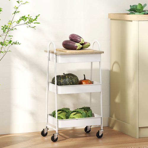 HOMCOM Rolling Utility Cart with Mesh Baskets for Kitchen White Oak - Picture 5 of 11
