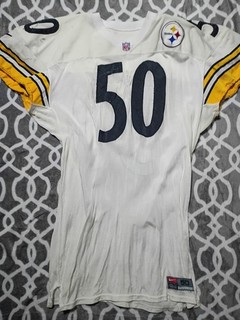 HAMMERED Earl Holmes Pittsburgh Steelers Game Used 99 Durene Jersey Huge Repairs