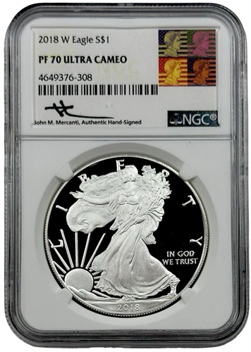 2018 W Mercanti Signed Proof American Silver Eagle 1 oz Coin NGC PF 70 UC