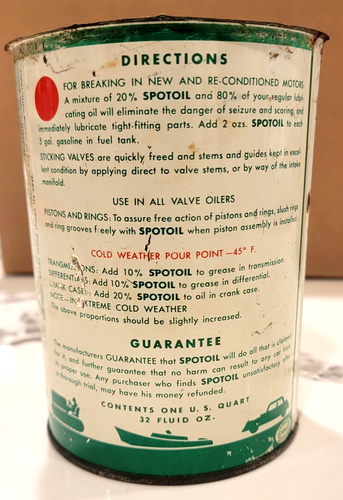Lattina olio vintage SPOTOIL 1 qt " E' SEGRETO della LUBRIFICAZIONE è PENETRAZIONE " quarto - Foto 4 di 7