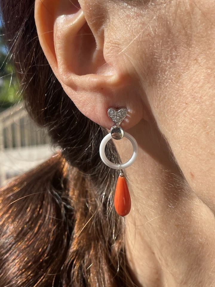 Orecchini artigianali in argento con Corallo onice zirconi - Immagine 4 di 4