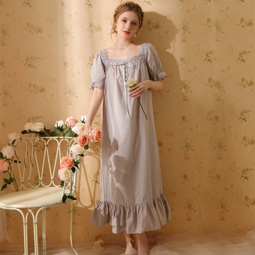 Damen Baumwolle Nachthemd Kurzarm eckiger Ausschnitt Pyjama Schlafkleid - Bild 3 von 34