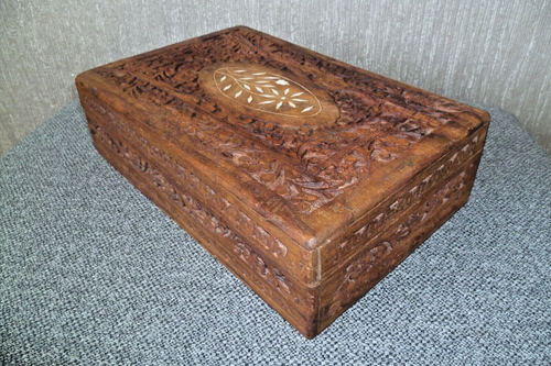 Large Vintage Hand Carved Indian Wooden Box Jewellery Box Stationary Box 30 cm
