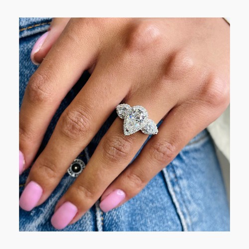 14K White Gold 3 Stone Pear Lab-Created Diamond Engagement Ring 3.11 Ct E-F/VS1 - Picture 3 of 10
