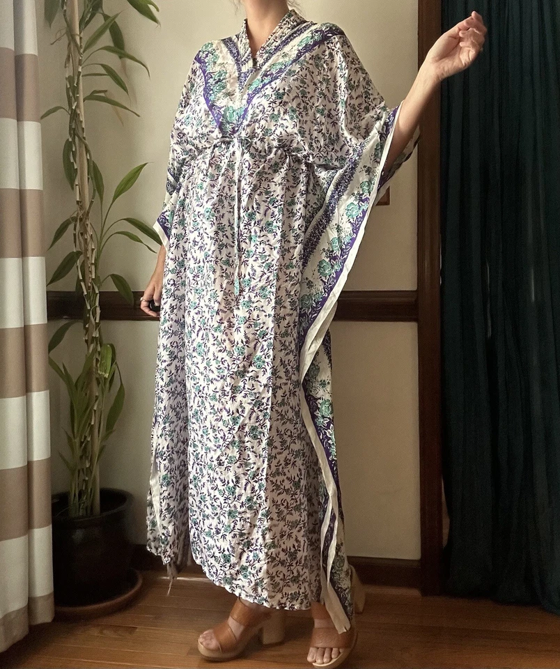 Maxi vestido vintage años 70 caftán - seda india - hippie boho estampado en bloques Foto 3 de 4