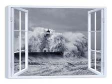 Quadro Stampa su Tela con Telaio in Legno Arredamento Finestra faro tempesta