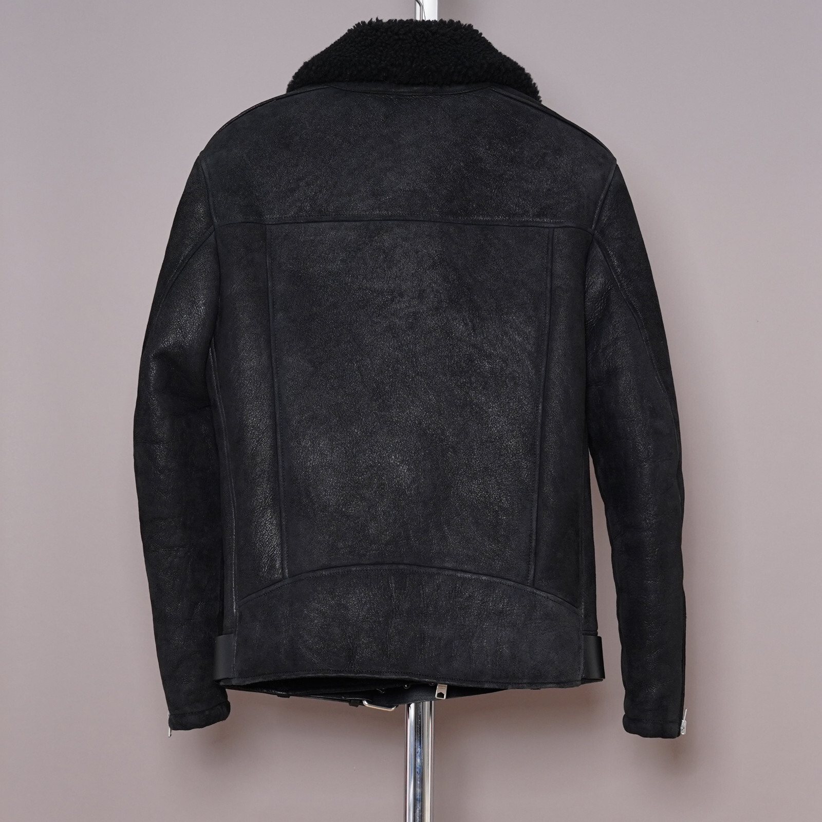 ALL SAINTS Shearling Leather Jacket XS Mens Sheepskin Black Biker Grail BYWARD