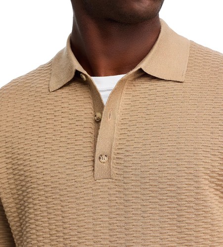 Hugo Boss Men's Long Sleeve BOSS Diluigi Textured Knit Polo Sweater Open Beige - Picture 2 of 6