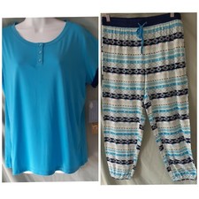 Muk Luks Pajama Set Blue Green Geometric Long Pant Cap Sleeve Large 46" Bust