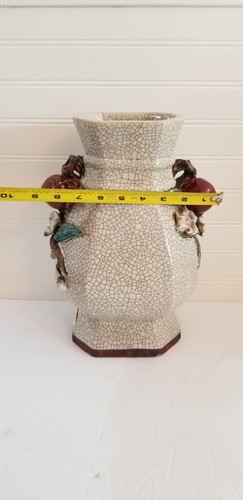 Chinese Crackle Glaze Vase Majolica Pomegranate and Floral design 12" H - Picture 21 of 22