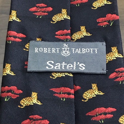 Robert Talbott Tie Black With Cheetah And Savanna Tree Print Silk Made In USA - Picture 4 of 8