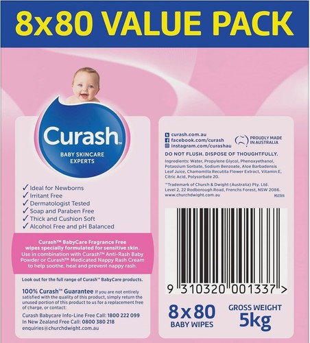 Curash Baby Wipes Fragrance Free 8 x 80 Value Pack For Sensitive Skin Soap Free - Picture 2 of 6