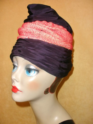 1940's Ruched Indigo Blue Rayon Turban Hat w/ Red & White Band by Ken Blair - Picture 2 of 8