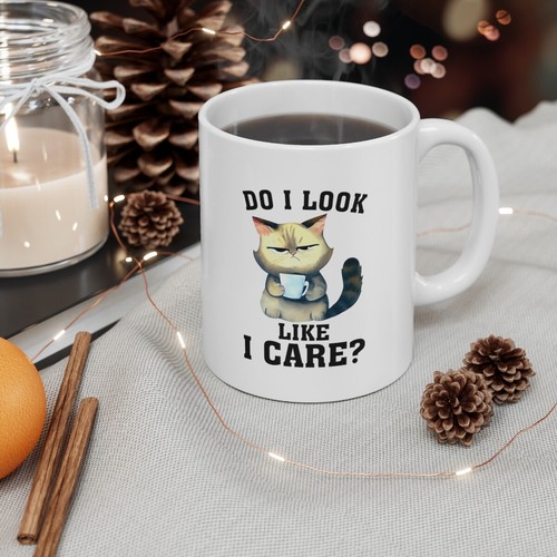 lustige Katze Tasse Do I Look Like I Care Keramiktasse 11 Unzen Tierliebhaber Geschenk - Bild 1 von 5