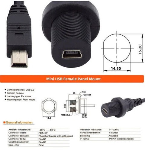 Mini 5 Pin Male to Mini Female Extension Data Charging Waterproof Cable 1m - Picture 4 of 8