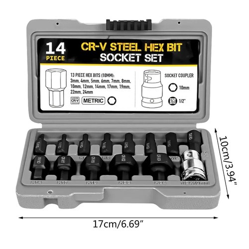 3-24mm Hex Bit Socket 14Pcs Hexagon Bit Sockets Allen Key Hex Wrench Head Tool - Picture 14 of 14