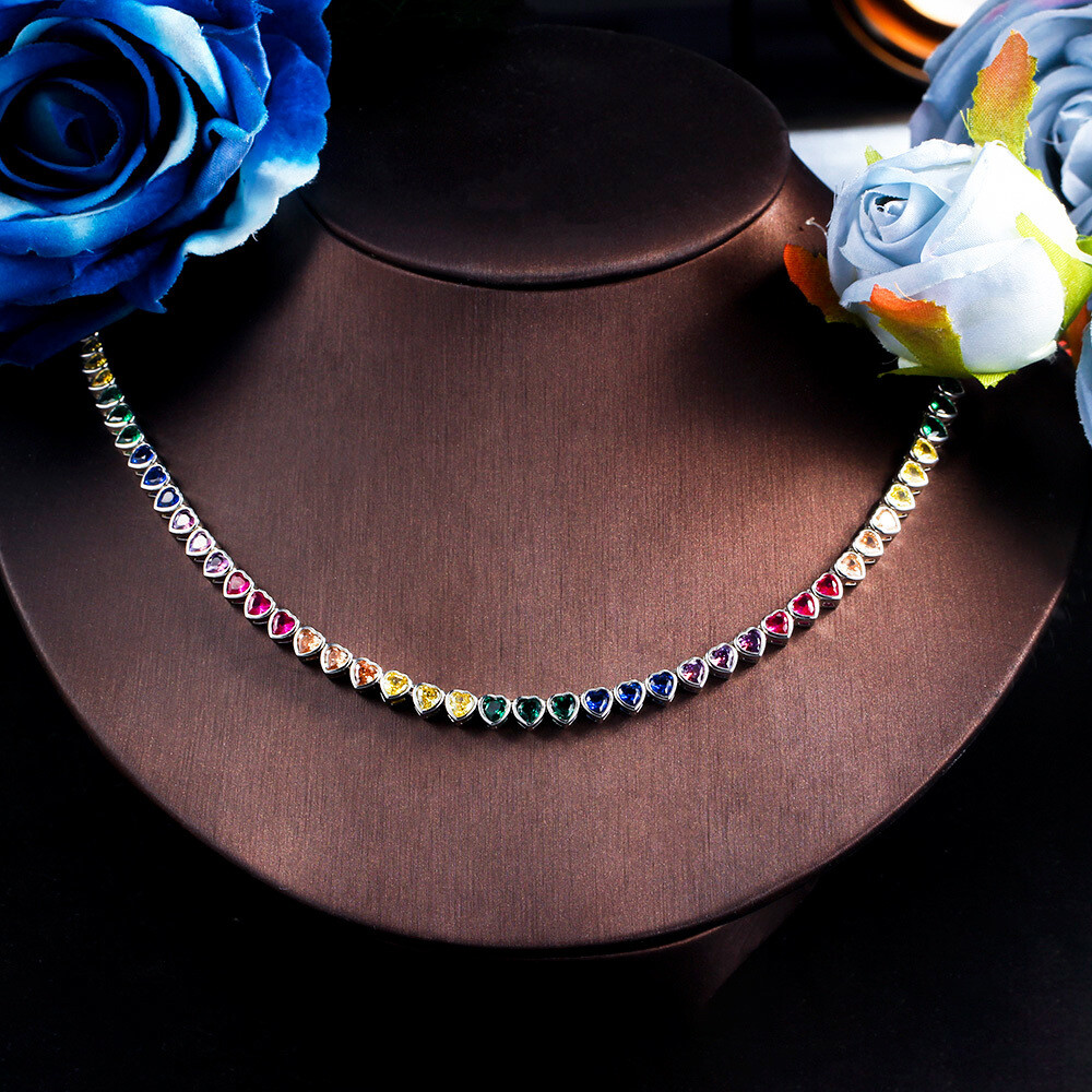Gold Plated Rainbow Cubic Zircon Heart Tennis Necklace for Women Wedding Jewelry