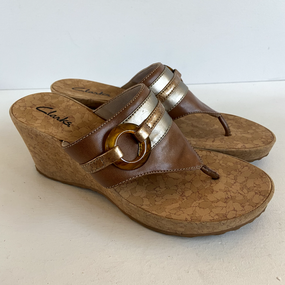 Wedge Clarks Brown Flip Flops Clarks Womens Sandals Wedge Heel Thong Flip  Flop Medallion Brown Cork
