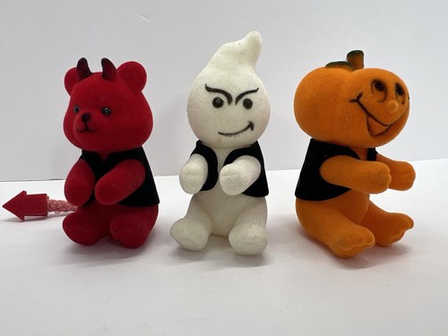 Vintage 3 Flocked Halloween Decoration Pumpkin Ghost Red Devil Bear Black Vest