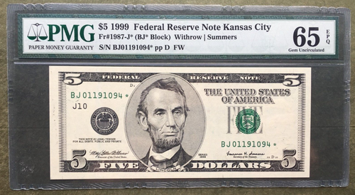 1999 $5 FRN STAR []  KANSAS CITY []  FR 1987-J*  [] PMG 65 EPQ  0 1 1 9 1 0 9 4* - Picture 1 of 2