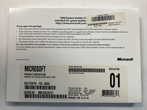 Microsoft Windows 7 Professional x64 English DVD X10-63162 FQC-04649 (No Key) ~ - Picture 2 of 5