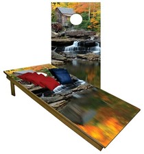 Cornhole Boards BEANBAG GAME Bags Rustic Country Waterfall Creek Camping Set