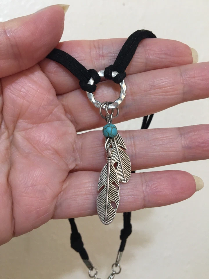 Gargantilla Pluma 14”-16” Collar Corto Turquesa Cuentas Pendientes Conjunto Plata Negro Foto 3 de 4