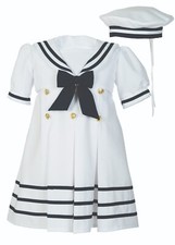 Girls Sailor Dress With Sailor Hat 2pcs Set 2 Color Navy White Soft Solid 602
