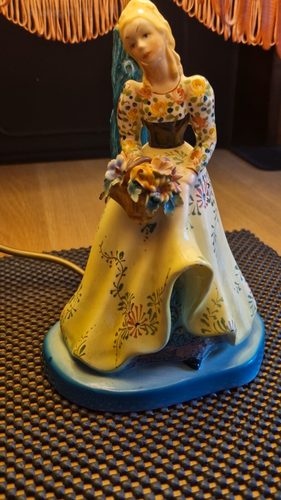 Vintage Porcelain Lady Figurine Holding Flowers Table Lamp & Tasseled Pink Shade - Video 1 of 1