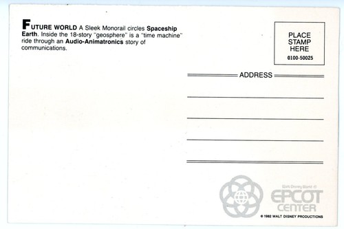 Vintage Postcard, Future World Spaceship Earth, Epcot Center, c1982 Walt Disney - Picture 2 of 2