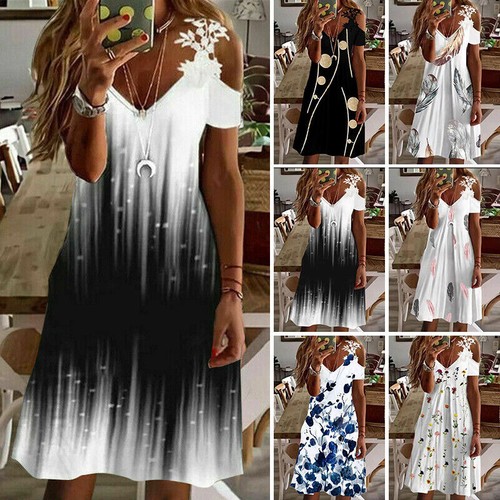 Summer V Neck Dress Women Loose Dresses Floral Seaside Holiday Maxi