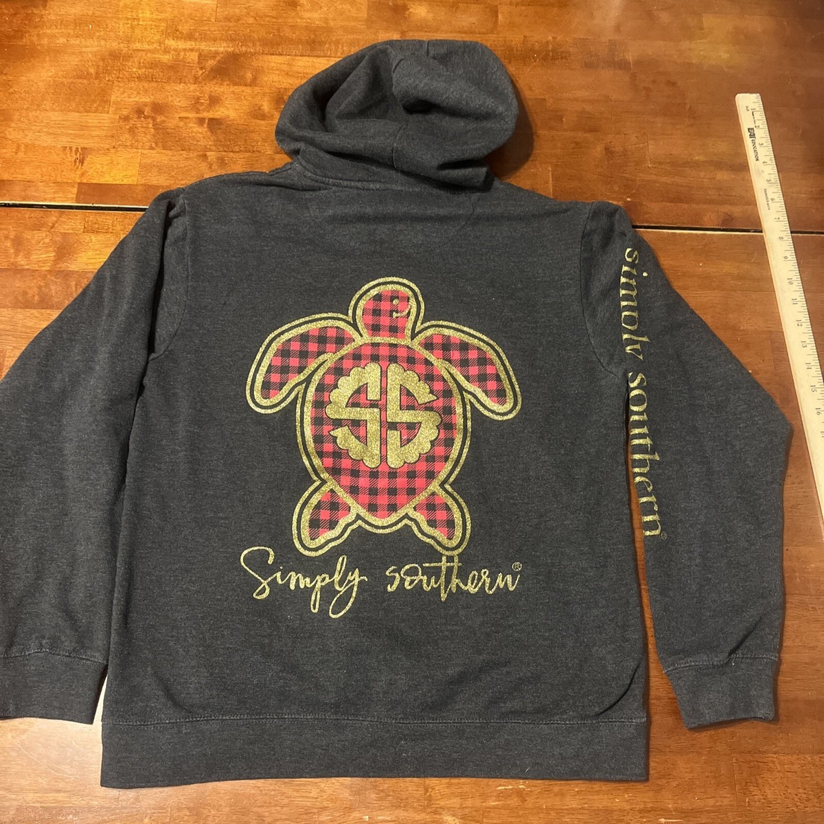 Simply Southern Hoodie Hooded Sweatshirt Glitter Sea Turtle Plaid Gray  Medium