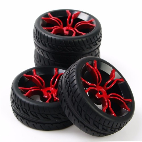 12mm Hex 4PCS Rubber Tires & Red Wheel Rims For HSP HPI RC 1/10 On-Road Street - Picture 4 of 6
