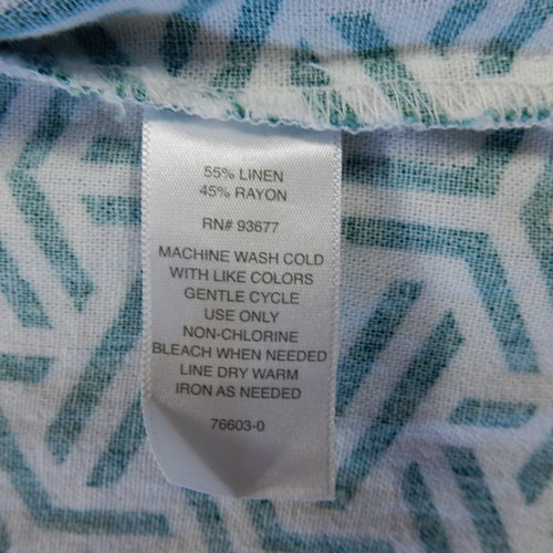 Liz Claiborne Womens Shirt Med White Green Geometric Pattern Print Linen Blend - Picture 5 of 6