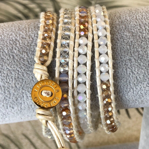 Victoria Emerson WRAP BRACELET beaded gemstone stone 36" Clear Brown AB Signed