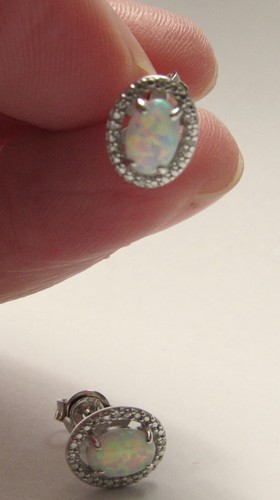 PD Stuller Opal & Natural Diamonds Oval Stud Earrings Solid Sterling Silver NEW - Picture 3 of 16