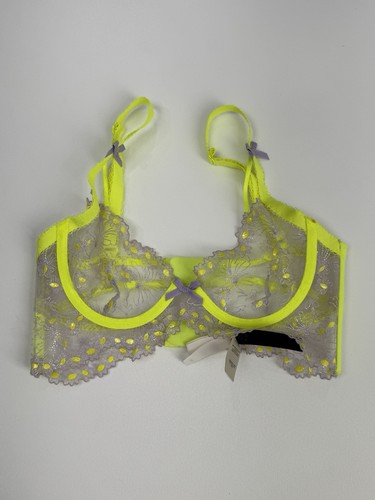 For Love And Lemons Neon Buttercup Bra Neon Yellow Lilac Lace XS - Picture 3 of 5