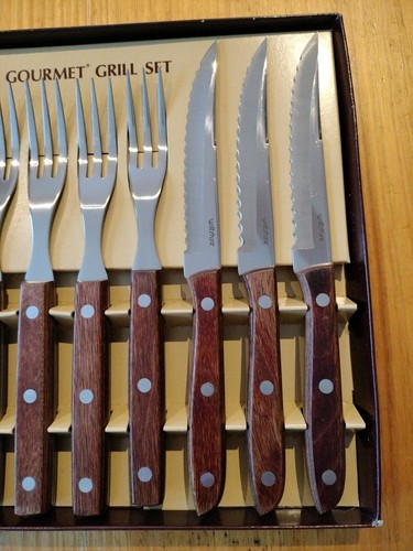Vintage Wiltshire Gourmet Grill Set Steak Knives/Forks Stainless/Timber Look FP - Picture 5 of 10