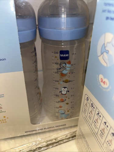 MAM Easy Active Bottle 11 oz (4 Count) Fast Flow Nipple | 4+ Months, Gray & Blue - Picture 3 of 9