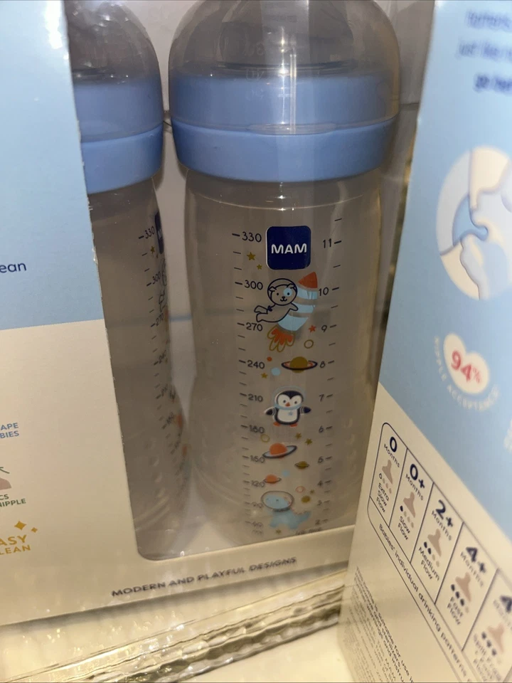 MAM Easy Active Bottle 11 oz (4 Count) Fast Flow Nipple | 4+ Months, Gray & Blue - Image 3 of 4