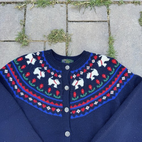 Vintage 80s Charter Club Wool Scottie Dog Cardigan Fair Isle Sweater Large - Picture 2 of 7