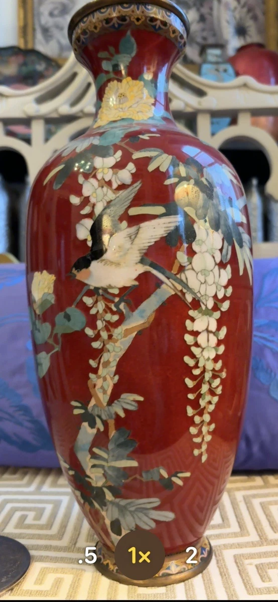 红色景泰蓝日本古董花瓶| eBay