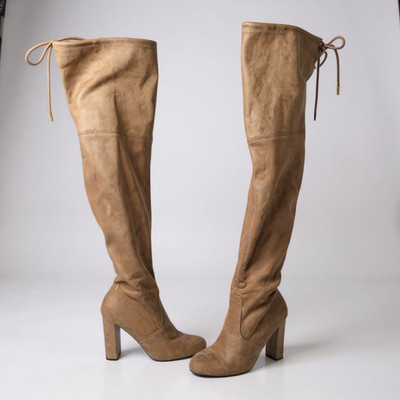 Suede Over the Knee High Boots Block Heel Taupe Modern Parisian Chic Boho 7.5