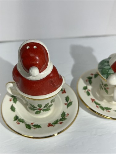 Lenox Mr & Mrs Santa Claus In Holly Berries Tea Cups Shaker Christmas Set - Picture 8 of 13