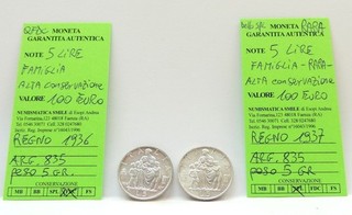 LOTTO 2 RARE MONETE ARGENTO 5 LIRE FAMIGLIA 1936 1937 REGNO D'ITALIA SPL A QFDC