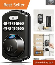 Smart Fingerprint Deadbolt Lock - Easy Install, 20 User Codes, Matte Black