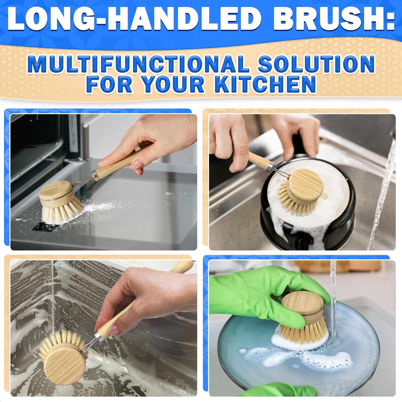 5 Pcs Bamboo Dish Brush Set &acirc;&euro;&ldquo; Bamboo Dish Scrubber with Soft & Stiff Non-Scra