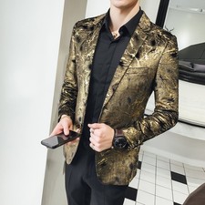 Golden Leopard Print Suit Mens Autumn Printed Jacket Stage Host Performance Coat