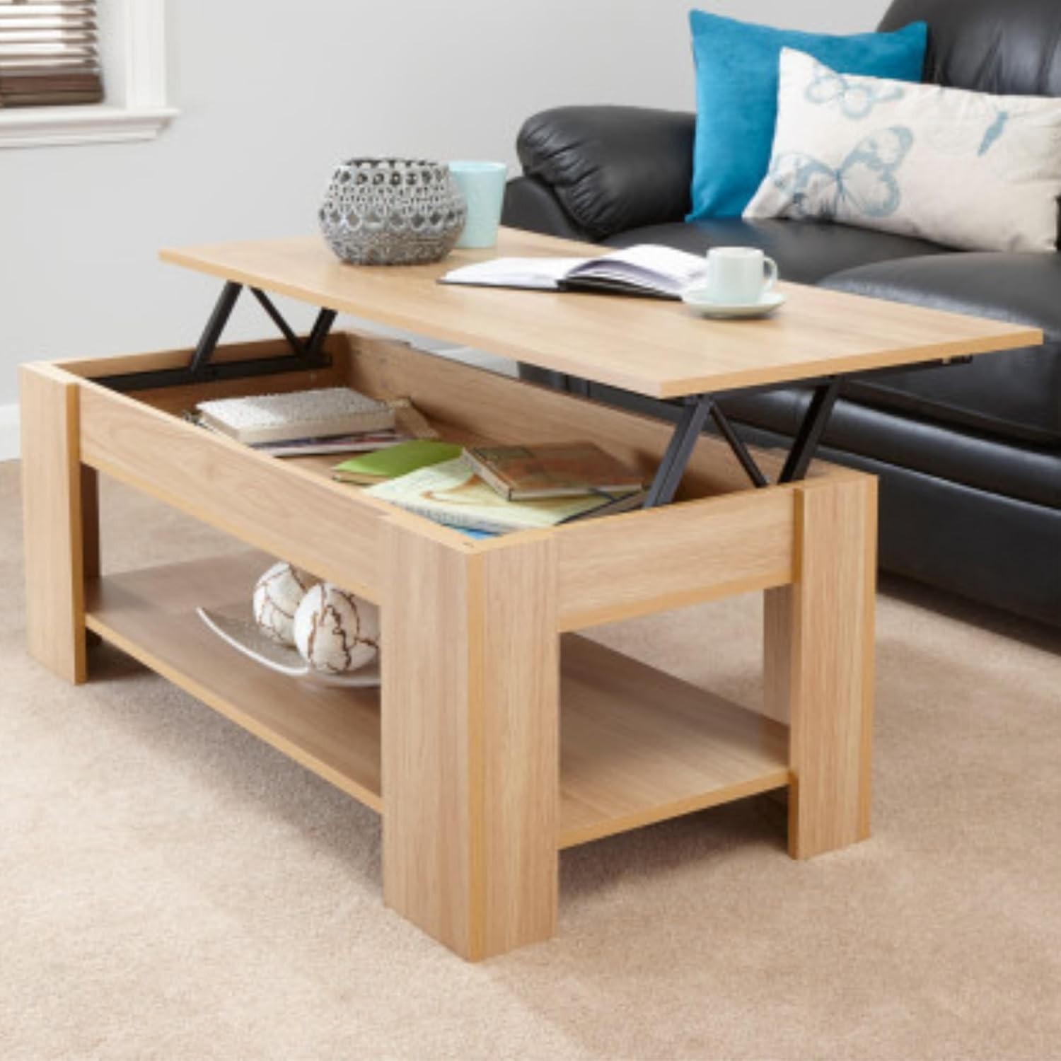 Coffee Table Storage Lift Top Up Drawer Shelf Living Room Furniture Oak